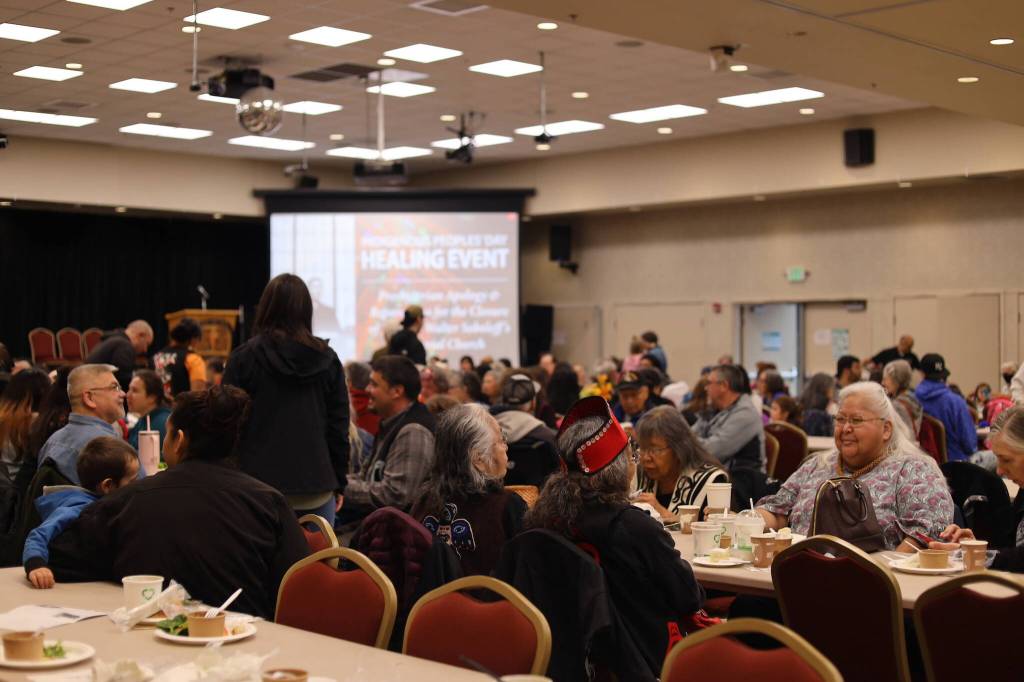 Hundreds gathered at Elizabeth Peratrovich Hall on Monday for a healing event on Indigenous Peoples Day to acknowledge and accept an apology of the closure of Juneaus Memorial Presbyterian Church in 1962. (Clarise Larson / Juneau Empire)