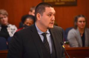 Rep. Josiah Patkotak, I-Utqiagvik, speaks in favor of HJR 6, the resolution in support of the Willow oil project, on Monday, Feb. 20, 2023, at the Alaska State Capitol. The resolution passed 36-0. (Photo by James Brooks/Alaska Beacon)