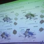 This is a photo of the four proposed designs for the Telephone Hill redevelopment project that were presented Wednesday evening at the Juneau Arts and Culture Center. (Clarise Larson / Juneau Empire)