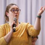 Telephone Hill resident Callie Conerton expresses concerns about the new design concepts for the Telephone Hill redevelopment project that were presented Wednesday evening at the Juneau Arts and Culture Center. She said she is concerned about the affordability of the proposed units. (Clarise Larson / Juneau Empire)