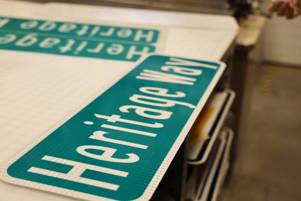 A completed Heritage Way sits on a table at the CBJ Streets facility after being made Thursday morning. (Clarise Larson / Juneau Empire)