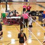 Klawock High Schools volleyball team (in black), which had a single reserve player on its 1A conference squad, faces off against the junior varsity squad of Ketchikan High School, a 4A conference team with a deep bench, in a Silver Bracket game Saturday afternoon during the Juneau Invitational Volleyball Extravaganza at Juneau-Douglas High School: Yadaa.at Kalé. Klawock won the game and would go on to win the Silver Bracket title in a rematch against Ketchikan that evening. Mark Sabbatini / Juneau Empire)