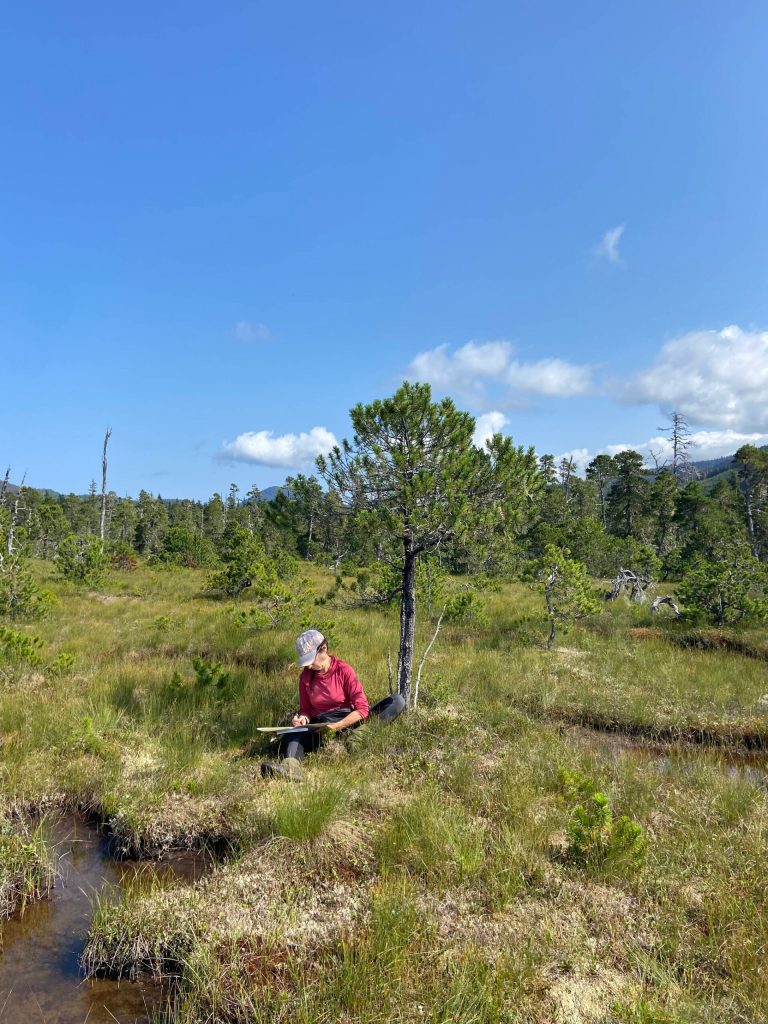 Stephanie Harold sketches tea pickers for the annual Traditional Food Fair in Hoonah on Sept. 9. (Photo by Rebekah Contreras)