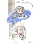 A sketch of some foods served at the annual Traditional Food Fair in Hoonah on Sept. 9. (Sketch by Stephanie Harold)