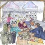A sketch shows people gathering around tables under tents at the annual Traditional Food Fair in Hoonah on Sept. 9. (Sketch by Stephanie Harold)