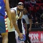 NBA basketball legend Carlos Boozer looks to move the ball in the second half of an NBA All-Star Celebrity Game, Friday, Feb. 17, 2023, in Salt Lake City. (AP Photo/Rob Gray)