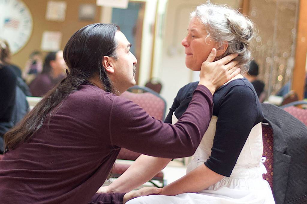 Jake Waid plays Torvald, husband of the character Nora played by Marta Lastufka during a rehearsal of A Dolls House, Part 2 at the Filipino Community Hall on Thursday. (Mark Sabbatini / Juneau Empire)