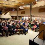 About 150 people listen to a presentation about the history and future science of Suicide Basin at the University of Alaska Southeast library on Friday night. (Mark Sabbatini / Juneau Empire)