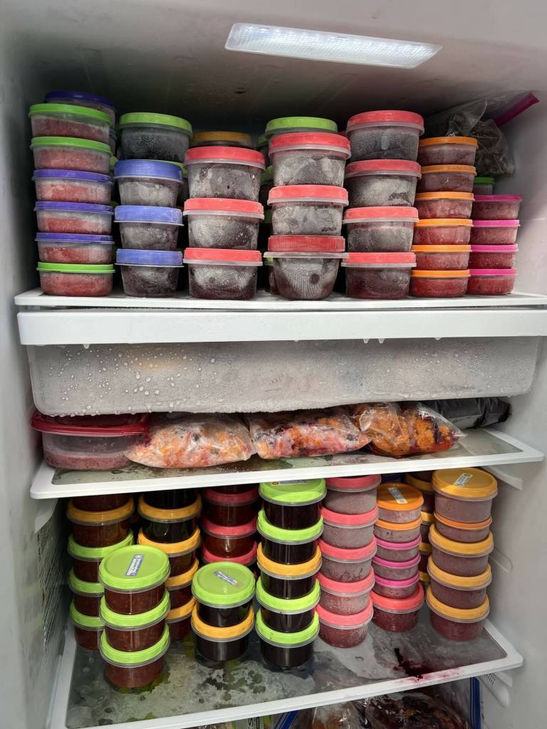 Freezer jams and berries ready to go to Wrangell Cooperative Association (WCA tribe) for gifting. (Photo by Vivian Faith Prescott)