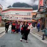 The Yées Ḵu.oo Dance Group performs Wednesday on Heritage Way during a ceremony celebrating the steets new name. (Mark Sabbatini / Juneau Empire)