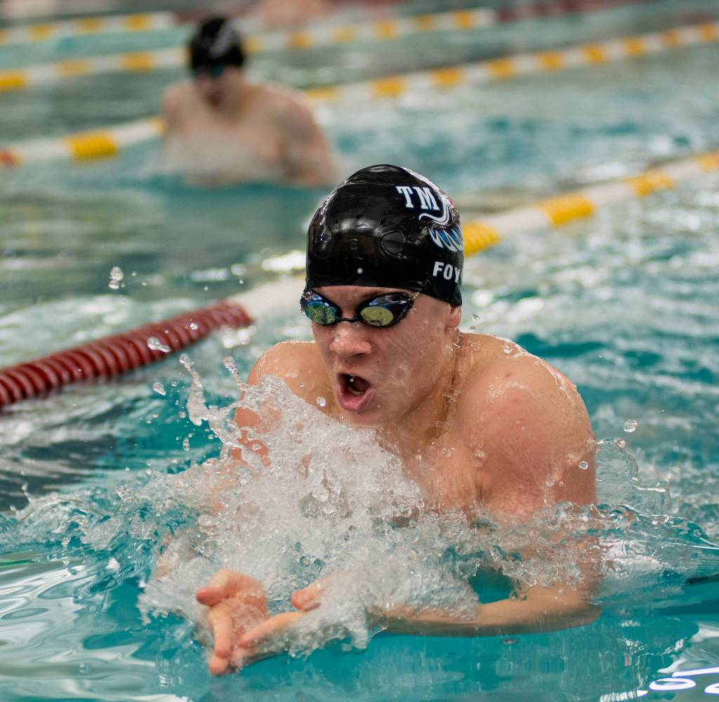 Thunder Mountain High School senior PJ Foy swims to victory in the 100 breast at last weekends Region V Championships in Sitka. The multi-state record holder will be looking to add to his total this weekend at Juneaus Dimond Park Aquatic Center. (James Poulson/Daily Sitka Sentinel)