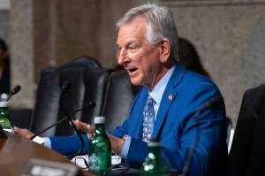 Sen. Tommy Tuberville, R-Ala., questions Navy Adm. Lisa Franchetti during a Senate Armed Services Committee hearing on her nomination for reappointment to the grade of admiral and to be Chief of Naval Operations, Sept. 14, 2023, on Capitol Hill in Washington. The Senate circumvented a hold by Tuberville on Thursday and confirmed Adm. Lisa Franchetti to lead the Navy, making her the first woman to be a Pentagon service chief and the first female member of the Joint Chiefs of Staff. (AP Photo/Jacquelyn Martin)