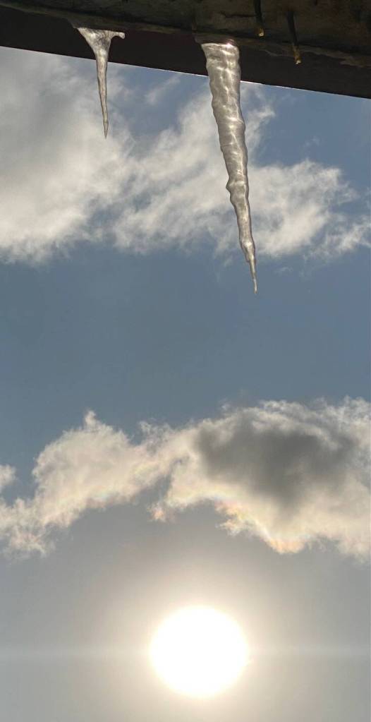The sun is not warm enough to melt the dagger-like icicles on Perseverance trail on Oct. 25. (Photo by Denise Carroll)