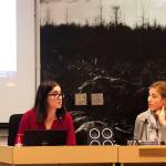 Denise Koch, director of engineering and public works for the City and Borough of Juneau, explains efforts being made to secure various types of flood mitigation funding while City Manager Katie Koester listens during a Juneau Assembly Committee of the Whole meeting Monday night in the Assembly Chambers. (Mark Sabbatini / Juneau Empire)