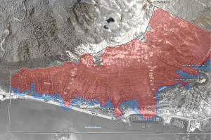 A map shows areas of downtown Juneau considered at severe (red) and moderate (blue) risk of avalanches. The Juneau Assembly is scheduled on Monday to give initial consideration to an ordinance regulating development in such areas. (City and Borough of Juneau)