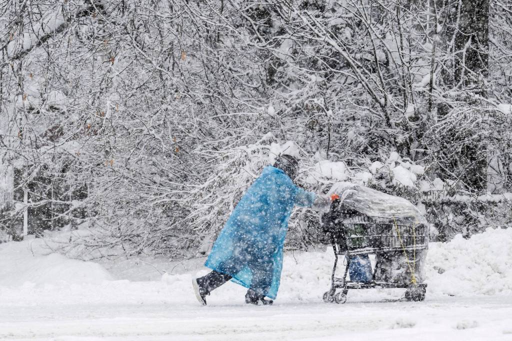 A pedestrian pushes a shopping cart on Cordova Street during a heavy snowfall on Thursday in Anchorage. Four homeless people have died in Anchorage in the last week, underscoring the citys ongoing struggle to house a large houseless population at the same time winter weather has returned, with more than 2 feet (0.61 meters) of snow falling within 48 hours. (Marc Lester/Anchorage Daily News via AP)