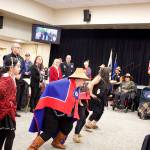 The Woosh.ji.een Dance Group performs during a Veterans Day celebration on Saturday hosted by Southeast Alaska Native Veterans at Elizabeth Peratrovich Hall on Saturday morning. (Mark Sabbatini / Juneau Empire)(Mark Sabbatini / Juneau Empire)
