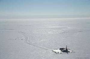 An exploration site at ConocoPhillips Willow prospect is seen from the air in the 2019 winter season. Willow is located in the National Petroleum Reserve in Alaska. (Photo by Judy Patrick/provided by ConocoPhillips Alaska Inc.)