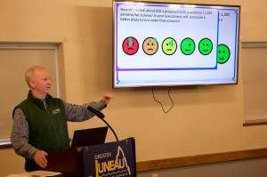 Brian Holst, executive director of the Juneau Economic Development Council, presents findings from JEDCs annual economic indicators report during a Greater Juneau Chamber of Commerce luncheon Thursday at the Juneau Moose Family Center. (Mark Sabbatini / Juneau Empire)