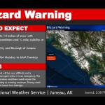 A blizzard warning for the Juneau area starting at 6 a.m. Monday is published on a National Weather Service Juneau social media page Sunday. (National Weather Service Juneau)
