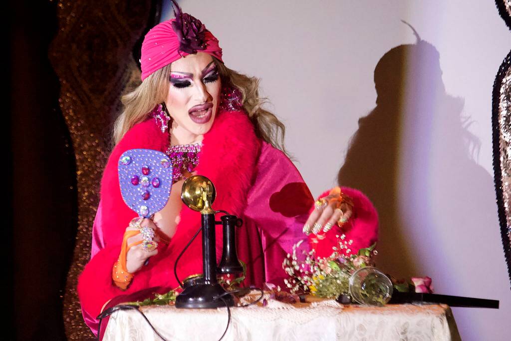 Lamia Monroe of Anchorage stages a talent routine involving an elaborate stage set during the second night of the Miss Gay Alaska America pageant Saturday at the Juneau Arts and Culture Center. (Mark Sabbatini / Juneau Empire)