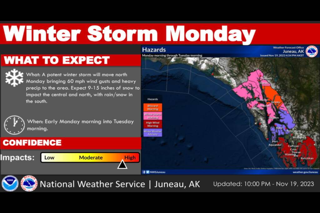 A chart from the National Weather Service Juneau shows the forecast as of Sunday night for a severe storm expected to hit Juneau between 6 a.m. Monday and 6 a.m. Tuesday. (National Weather Service Juneau).