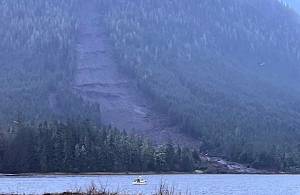 A landslide at mile 11 on Zimovia Highway in Wrangell hit three homes and killed at least one person on Monday night, with a search for others presumed missing ongoing Tuesday by officials from multiple agencies. (Photo courtesy of the Wrangell Sentinel)
