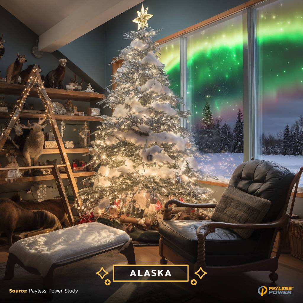 An AI-generated image supposedly shows how Alaskans would adorn a tree with touches of local flavor, heritage, and festive cheer, according to a study of online searches for Christmas trees by state. (Publicity photo by Fractl)