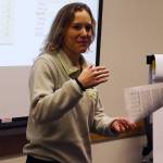 Alexandra Pierce, tourism manager for the City and Borough of Juneau, presents results of annual community and visitor surveys about cruise ship tourism to local leaders during the Assemblys annual retreat Saturday at Juneau International Airport. (Mark Sabbatini / Juneau Empire)