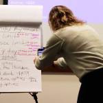 Alexandra Pierce, tourism manager for the City and Borough of Juneau, takes a photo of a list of possible actions to address cruise ship impacts after Assembly members offer their opinions during a retreat Saturday at Juneau International Airport. (Mark Sabbatini / Juneau Empire)