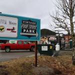 A sign on Wednesday greets people at an entrance to the new Vintage Food Truck Park, which opened on Dec. 1 with two of the eventual five trucks planned for the site. (Mark Sabbatini / Juneau Empire)