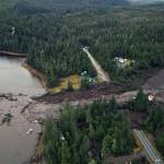 An aerial view of mud and forest debris that buried a stretch of the Zimovia Highway a day after a landslide struck an area of Wrangell on Nov. 21. (Photo courtesy of the Alaska Department of Transportation and Public Facilities)