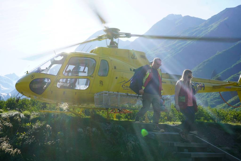Constantine president Peter Mercer descends from a helicopter after a tour of drilling sites in August. Mercer said drilling work will be similar in the next two or three years, as the company starts to transition to more economic, environmental,. and engineering analysis that will result in a full plan for how to access the ore, which the company is shooting to release in 2026. (Lex Treinen / Chilkat Valley News)