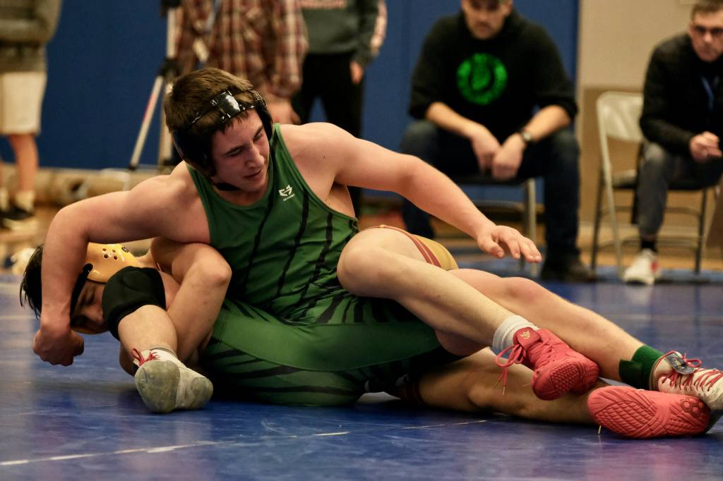 Haines sophomore Nolan Wald works against Mt. Edgecumbe junior Lennie Brandell during their 145-pound semifinal match of the 2023 Region V Wrestling Championships on Friday at Thunder Mountain High School. (Klas Stolpe / For the Juneau Empire)