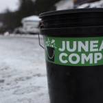 A bucket of compost awaits pickup by Juneau Composts on Douglas in December of 2022. (Clarise Larson / Juneau Empire file photo)