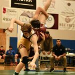 Hoonah junior Krista Howland takes down Ketchikan sophomore Summer Boling in the 120-pound girls championship match of the 2023 ASAA Region V wrestling tournament Saturday at Thunder Mountain High School. (Klas Stolpe/ For the Juneau Empire)