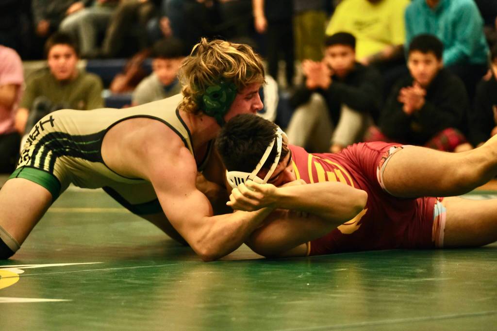 Haines senior Leo Wald attempts to pin Mt. Edgecumbe junior Richard Didrickson during their 171-pound championship match of the 2023 ASAA Region V wrestling tournament Saturday at Thunder Mountain High School. Leo Wald was voted the Division II Outstanding Wrestler of the tournament. (Klas Stolpe/ For the Juneau Empire)