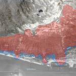 A map shows areas of downtown Juneau currently considered at severe (red) and moderate (blue) risk of avalanches. (City and Borough of Juneau)