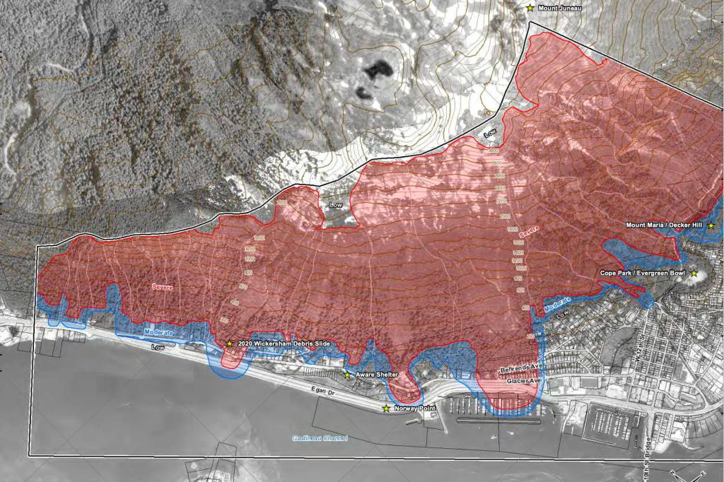 A map shows areas of downtown Juneau currently considered at severe (red) and moderate (blue) risk of avalanches. (City and Borough of Juneau)