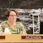 Juneau Municipal Clerk Beth McEwen listens to a discussion during a Juneau Assembly meeting Monday night. She was named the Municipal Clerk of the Year by the Alaska Association of Municipal Clerks last week. (Mark Sabbatini / Juneau Empire)