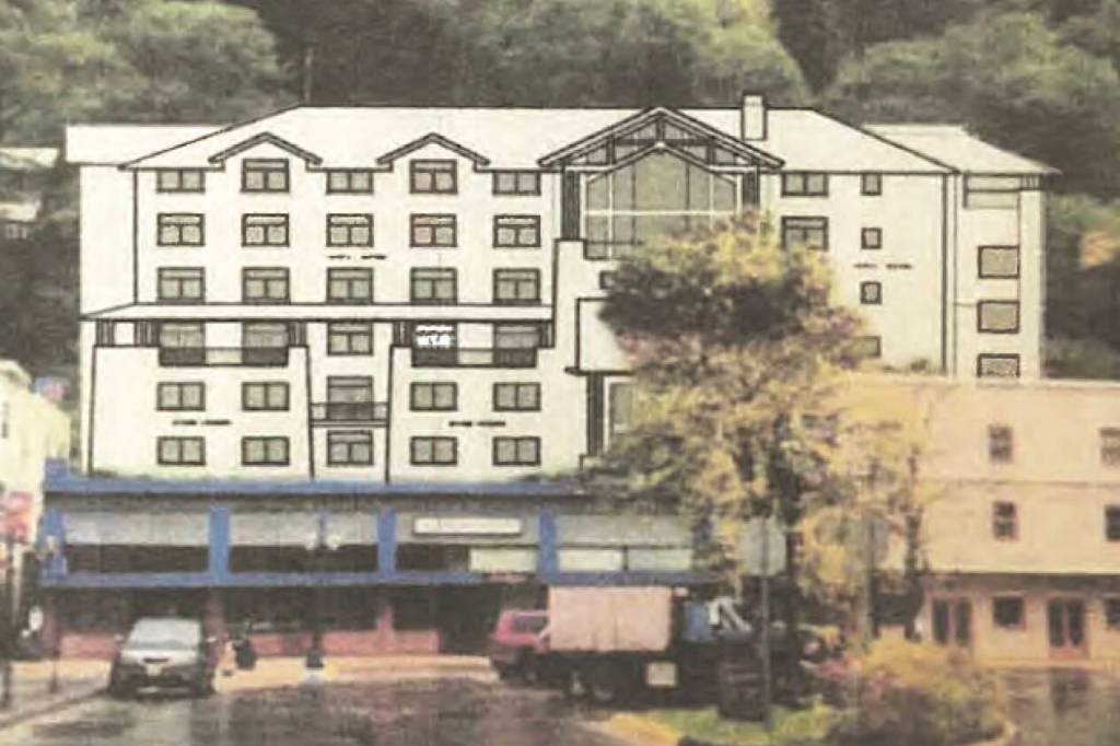An illustration shows the conceptual design for Gastineau Lodge Apartments in downtown Juneau, which the projects applicant hopes will be ready for occupancy by the summer of 2025. (Image from documents submitted to the Juneau Planning Commission)