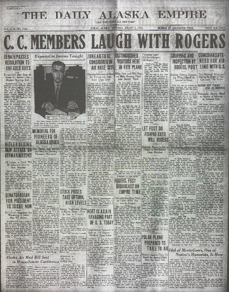 Front page Daily Alaska Empire on Aug. 8, 1935