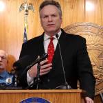 Gov. Mike Dunleavy discussed his proposed state budget for next year during a press conference Thursday at the Alaska State Capitol. (Mark Sabbatini / Juneau Empire)