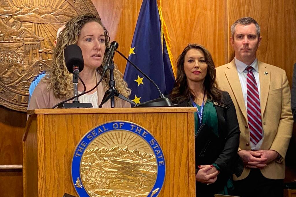 Alaska Department of Health Commissioner Heidi Hedberg gave an update on the backlog of food aid applications in the Division of Public Assistance at a news conference for Gov. Mike Dunleavys proposed FY 2025 budget in on Thursday. (Claire Stremple/Alaska Beacon)