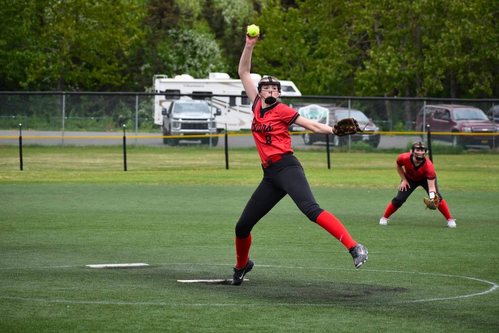 Mila Hargrave pitches for Juneau-Douglas High School: Yadaa.at Kalé against Sitka High School on June 3 during the ASAA Division II State Softball Championships. (Courtesy of JDHS Softball)