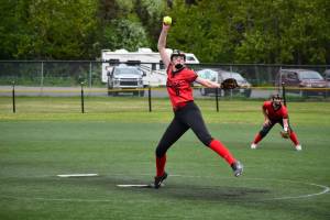 Mila Hargrave pitches for Juneau-Douglas High School: Yadaa.at Kalé against Sitka High School on June 3 during the ASAA Division II State Softball Championships. (Courtesy of JDHS Softball)