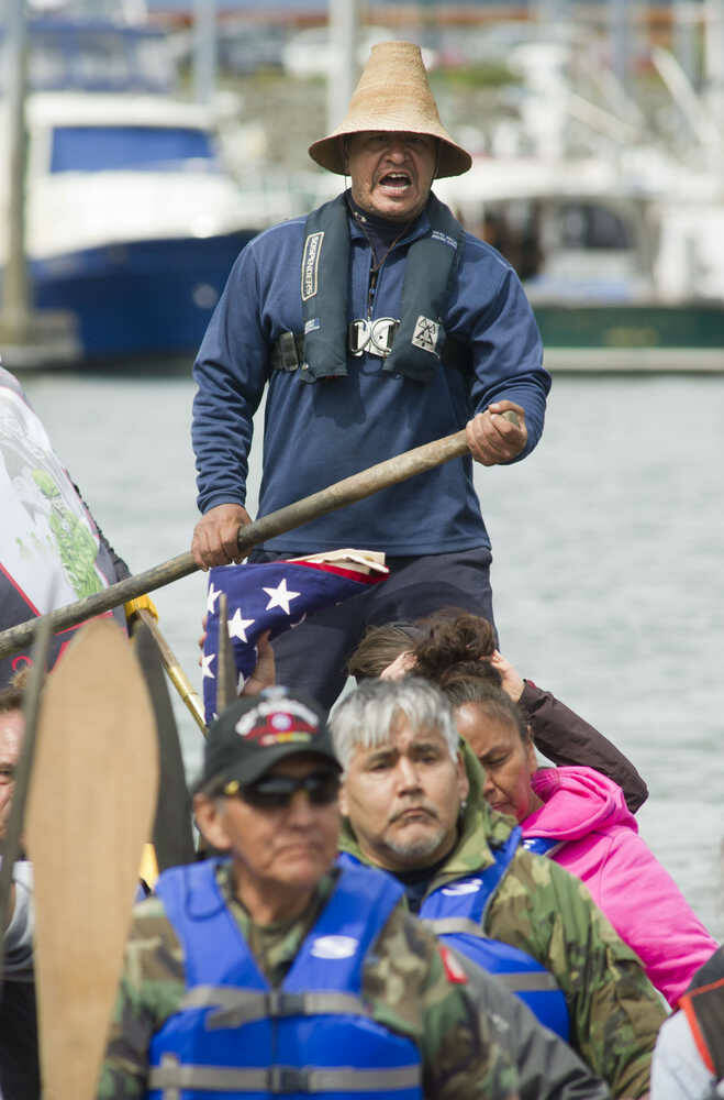Doug Chilton yells out a command during a Coming Ashore Ceremony at Douglas Harbor on Wednesday, June 8, 2016. (Juneau Empire file photo)
