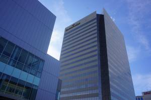 The ConocoPhillips Alaska headquarters, seen here on April 8, 2020, looms over downtown Anchorage. An appeals court order denying environmentalists request for an emergency injunction allows the company to proceed with its ongoing winter construction at its massive Willow project on the North Slope. (Photo by Yereth Rosen/Alaska Beacon)