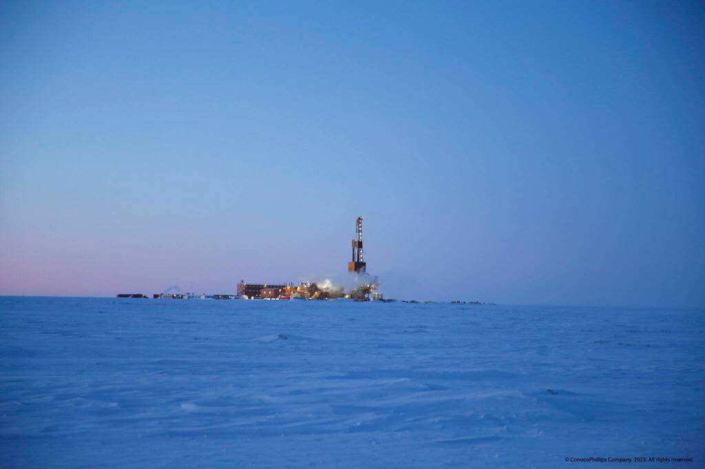 An exploration rig operates in the winter of 2019 at ConocoPhillips Alaska Inc.s Willow prospect. The company announced on Friday that it made its final investment decision in favor of developing the huge prospect. (Photo provided by ConocoPhillips)