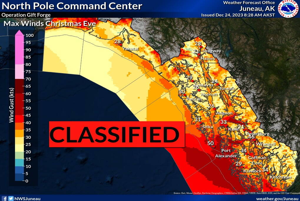 A classified Operation Gift Force chart warns people in Southeast Alaska about strong winds expected throughout much of the region on Christmas Eve. (National Weather Service Juneau)
